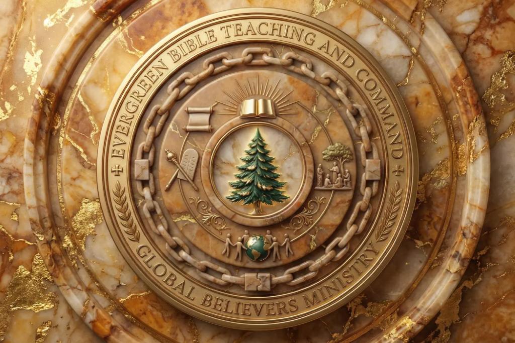 The official emblem of Evergreen Bible Teaching and Command Global Believers Ministry, presented as a gold-toned circular seal symbolizing biblical teaching, spiritual authority, covenant, and global unity. The evergreen tree at the center represents enduring life and faith rooted in the Word of God, surrounded by symbolic elements reflecting Scripture, teaching, discipleship, and the worldwide community of believers. The design conveys continuity, responsibility, and faith-led guidance across generations.