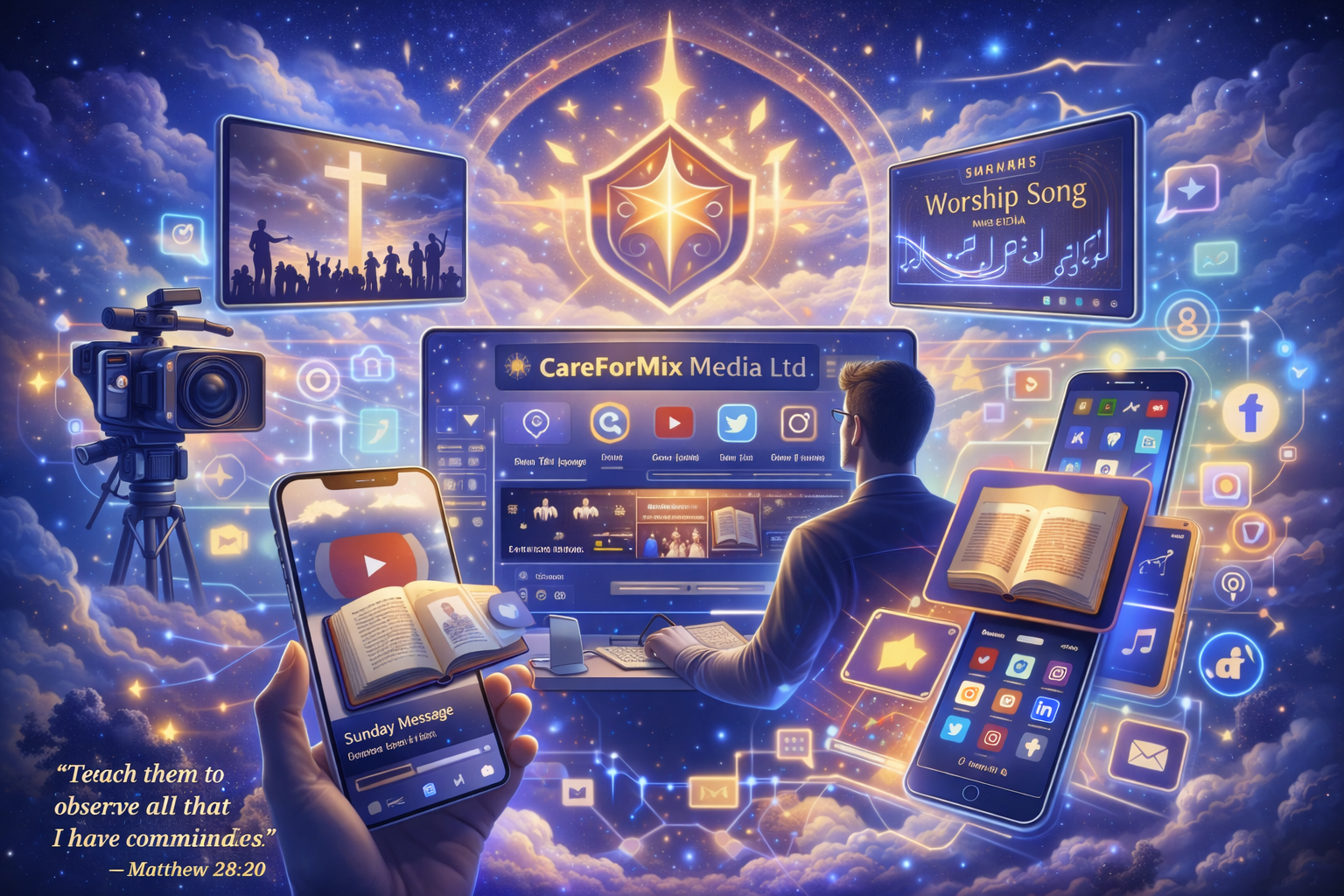 CareForMix Media Ltd digital media production scene supporting ministry outreach, worship content, Sunday messages, and multi-platform publishing.