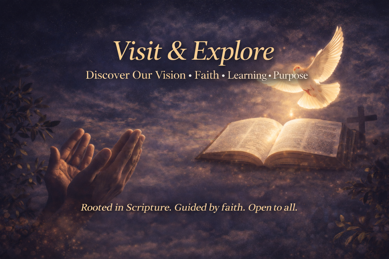 Faith-based ministry feature image inviting visitors to explore vision, purpose, Scripture, learning, and service guided by God’s Word