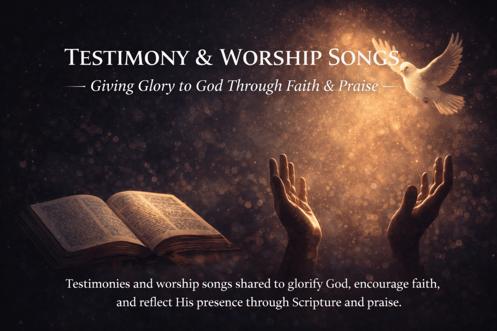 Dark-tone worship and testimony feature image showing an open Bible, worship atmosphere, raised hands, soft light, and dove symbolizing the Holy Spirit, representing testimonies and worship songs that give glory to God.