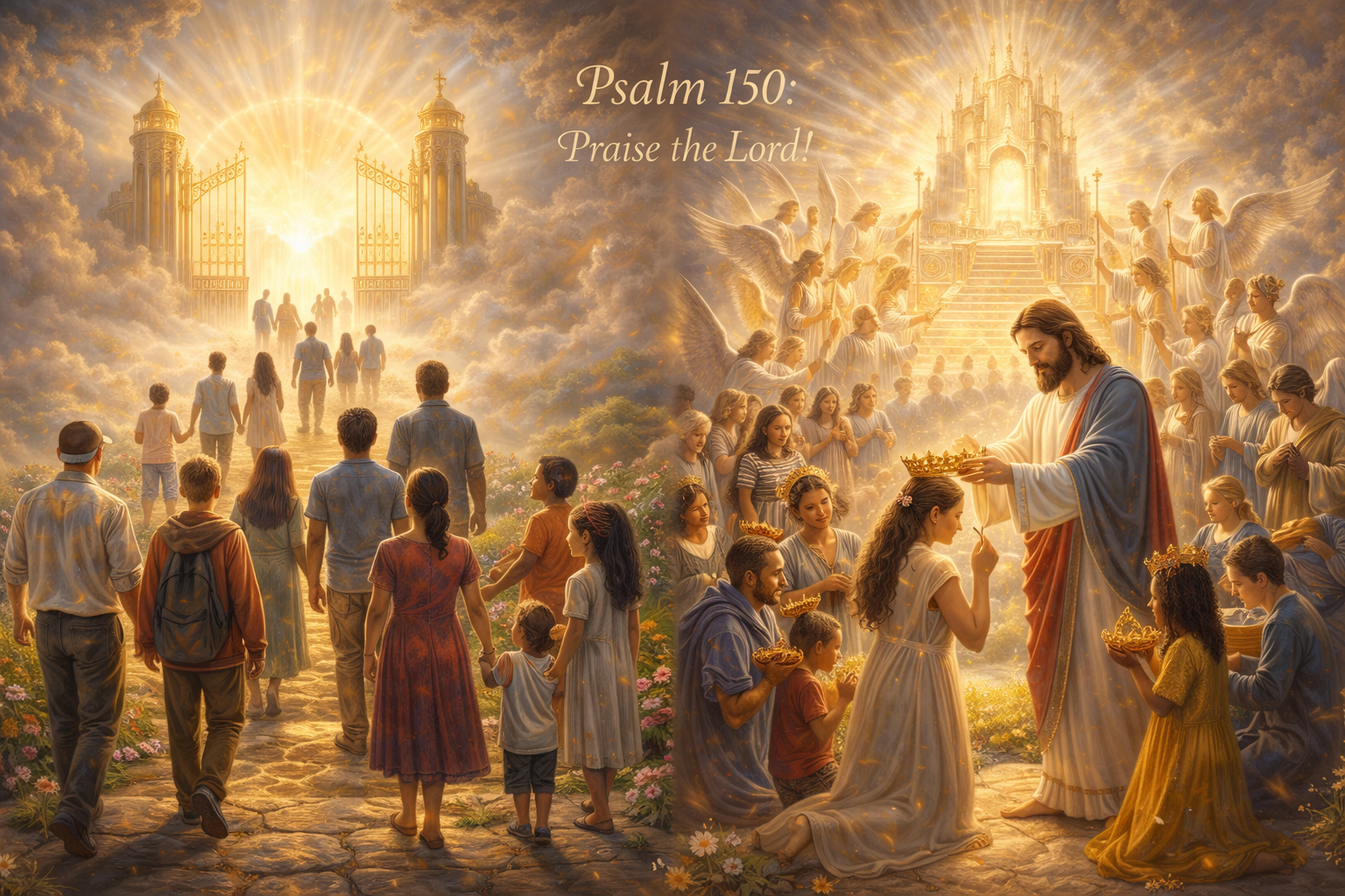 Believers of all ages entering God’s kingdom and receiving their reward according to Scripture, praising the Lord with joy as declared in Psalm 150.