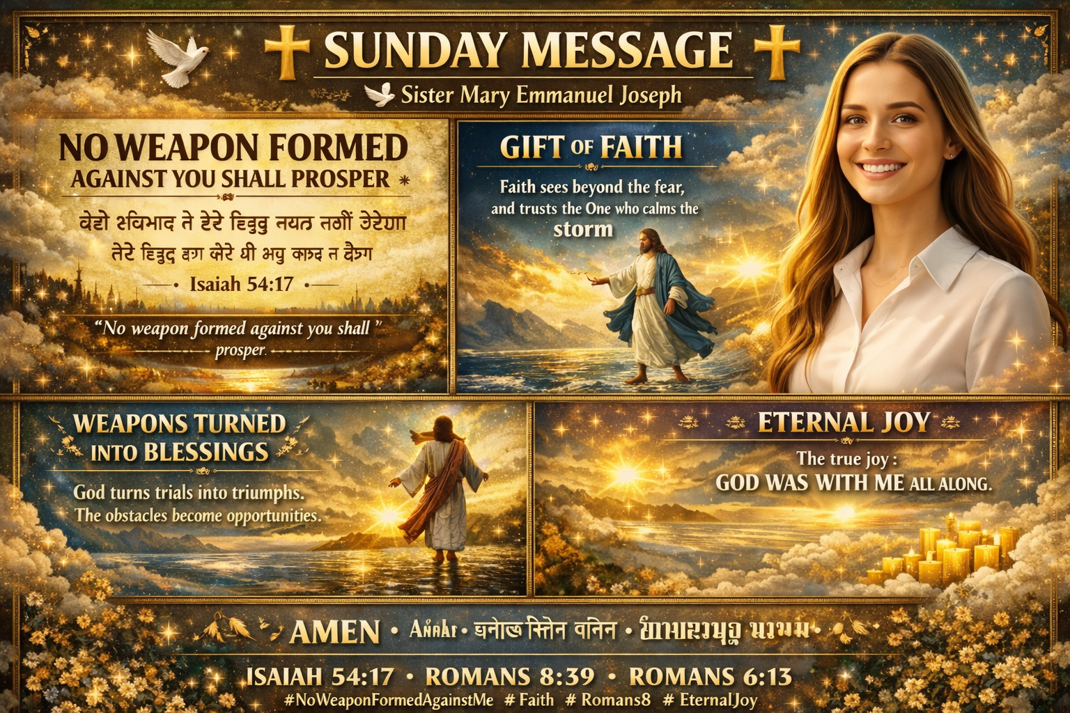 ✝️ SUNDAY MESSAGE ✝️ 🕊️ Sister Mary Emmanuel Joseph ━━━━━━━━━━━━━━━━━━━━━━━━━━━━━━━━━━━━━━ 🌟 NO WEAPON FORMED AGAINST YOU SHALL PROSPER 🌟 ਕੋਈ ਹਥਿਆਰ ਜੋ ਤੇਰੇ ਵਿਰੁੱਧ ਬਣਾਇਆ ਜਾਵੇ, ਉਹ ਸਫਲ ਨਹੀਂ ਹੋਵੇਗਾ तेरे विरुद्ध बना कोई भी अस्त्र सफल न होगा