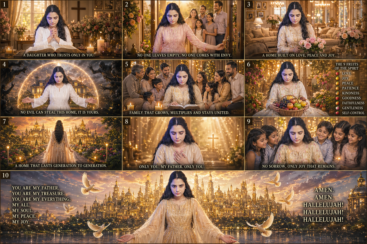 A nine-scene Christian storyboard showing a young woman praying, reading the Bible, surrounded by family, divine protection, and heavenly light, ending with a golden city of God, doves, and worship, symbolizing faith, peace, and eternal home.