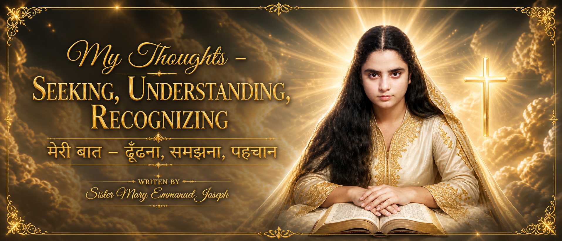 Ultra wide 21:9 cinematic spiritual portrait of a young woman reading an open Bible, golden heavenly light rays behind her head, crown hidden, glowing cross in clouds, luxury religious artwork